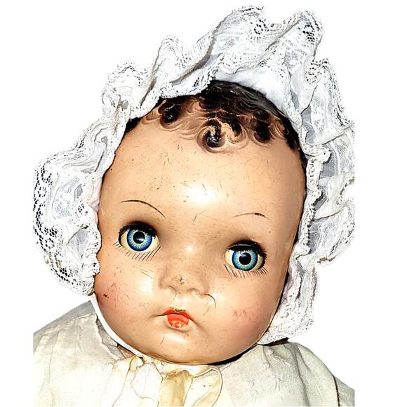 22" 30s or40s VNTG Blue Metal Sleep Eyes, Curly Molded Hair Faint Cry Baby Doll - Picture 2 of 16